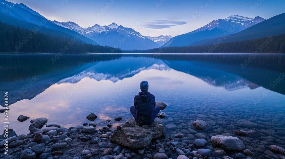A man sits on a rock by a lake, looking out at the water. The sky is a deep blue, and the mountains in the background are covered in snow. The scene is peaceful and serene