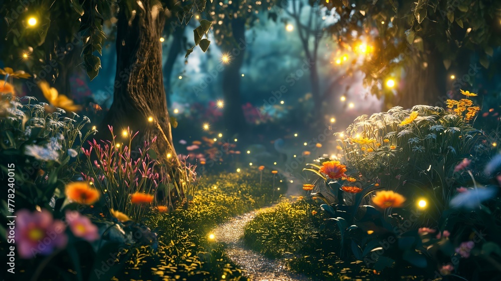 A forest with a path through it and flowers on the side. The flowers are lit up with a glow