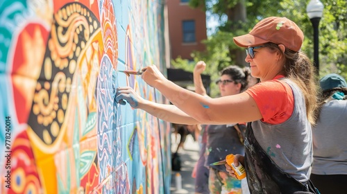 A woman is painting a mural on a wall. The mural is colorful and has a lot of detail. The woman is wearing a hat and a red shirt. There are other people in the background © SKW