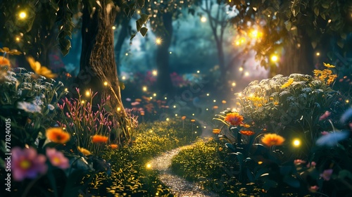 A forest with a path through it and flowers on the side. The flowers are lit up with a glow © SKW