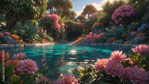 Beautiful flower garden with swimming pool in luxury villa at sunset