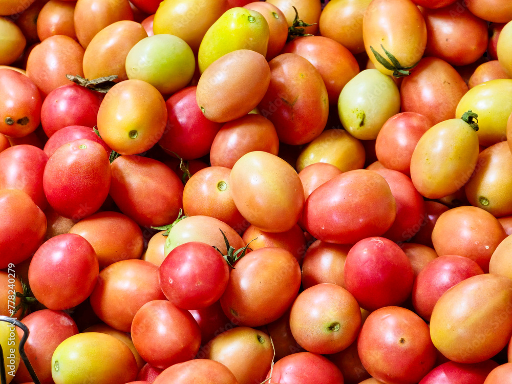 A pile of small, oval-shaped tomatoes, both ripe and unripe, ranging from deep red to light red or yellow A pile of small, oval-shaped tomatoes, both ripe and unripe, ranging from deep red to light red or yellow