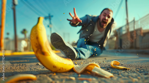 Oops! Misstep, Amusing Image of Man Slipping on Banana Peel for Lighthearted Moment photo
