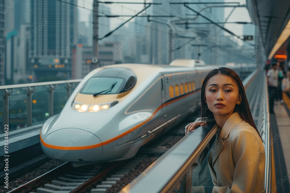 Fototapeta premium A sleek bullet train speeding along elevated tracks, futuristic cityscape in the background