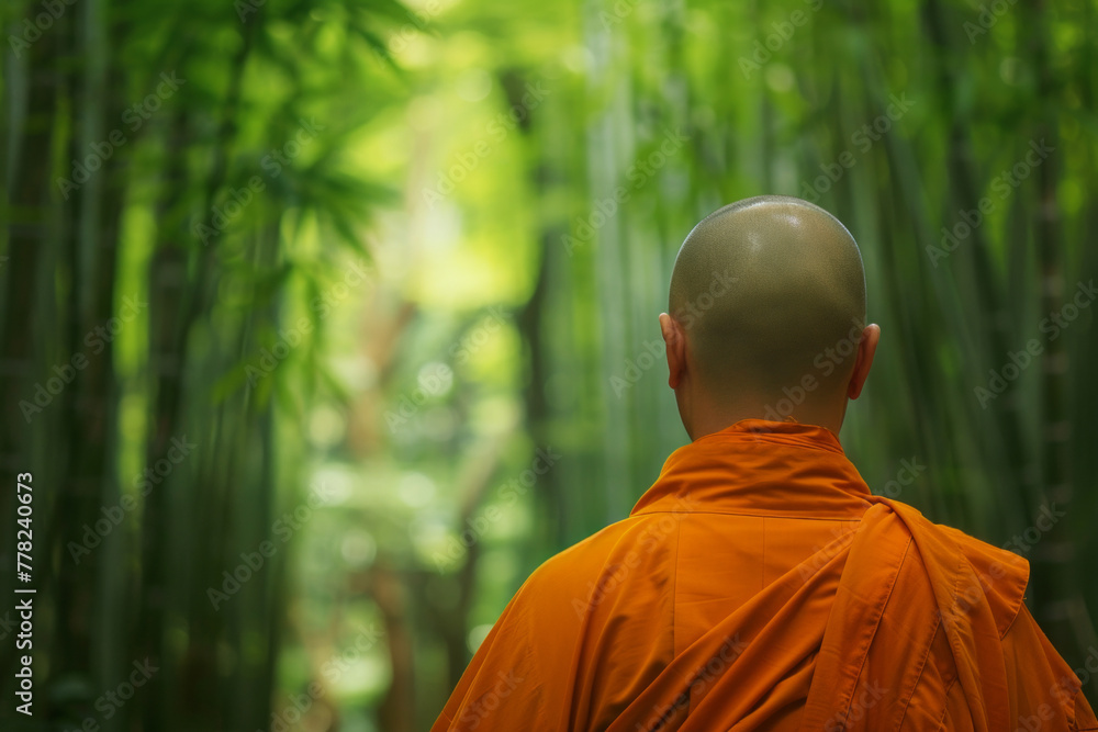 A rear view of a monk walking in a bamboo forest