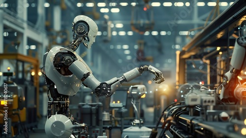 Generative AI : Mechanized industry robot and human worker working together in future factory