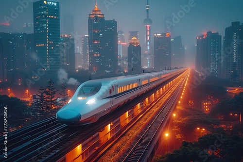 A sleek bullet train speeding along elevated tracks  futuristic cityscape in the background
