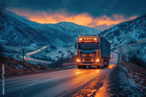 A sturdy cargo truck navigating a twisting mountain road, its headlights illuminating the winding path ahead, with cargo securely strapped and protected from the elements
