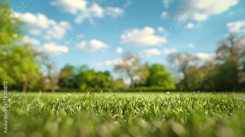 Generative AI : Beautiful blurred background image of spring nature with a neatly trimmed lawn surrounded