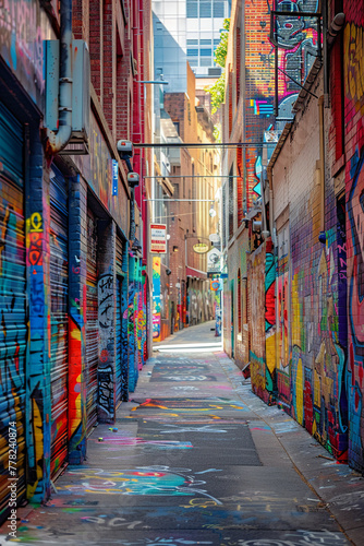 Urban alley with graffiti walls, bright daylight, street view, colorful and vibrant