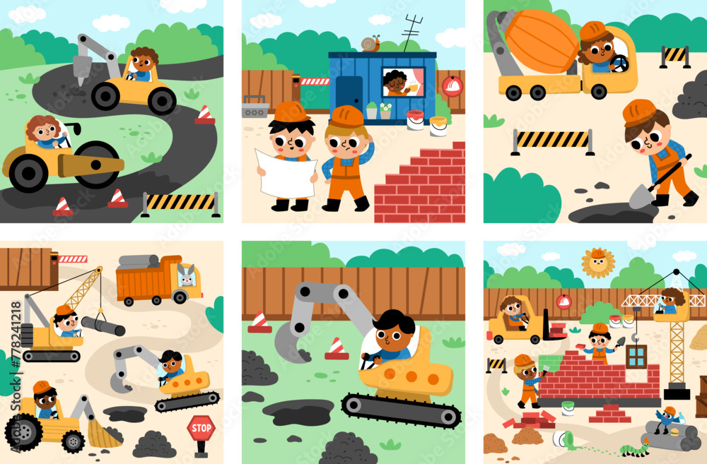Fototapeta premium Vector construction site landscape illustrations set. Scenes collection with kid workers, vehicles, road works, building a brick house. Square backgrounds with funny builders, painters, animals.
