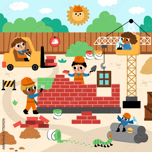 Vector construction site landscape illustration. Scene with kid workers building a brick house. Square background with funny builders, painters, animals and bird, lifting crane, vehicles.