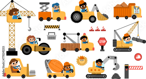 Vector special transport set with drivers. Construction site, road work, building transport icons with bulldozer, tractor, truck, crawler crane. Cute repair service vehicles illustrations for kids.
