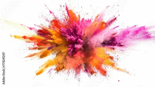 Colorful powder explosion on white background with splashes and vibrant colors, isolated for design and art concepts