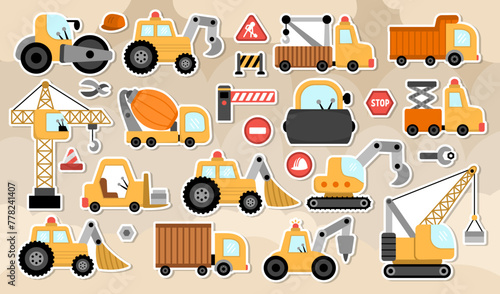 Big vector special transport stickers set. Construction site, road work, building transport icons with bulldozer, tractor, truck, crawler crane, digger, concrete mixer. Cute repair service vehicles.