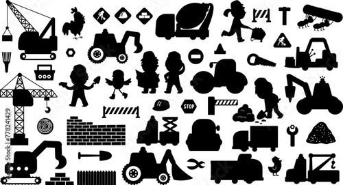 Big vector construction site and road work silhouettes set. Building shadow icon collection with funny kid builder, transport, bulldozer, tractor, crawler crane. Cute repair service black illustration