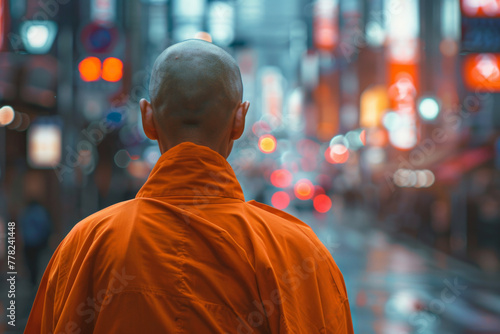A rear view of a monk walking at a busy street