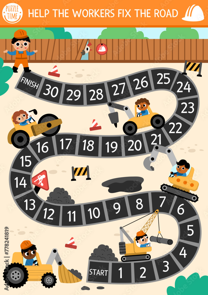 Road works dice board game for children with cute kid drivers, transport, bulldozer, tractor, roller, crawler crane. Construction site boardgame. Track repair service printable activity for boys. Road works dice board game for children with cute kid drivers, transport, bulldozer, tractor, roller, crawler crane. Construction site boardgame. Track repair service printable activity for boys.