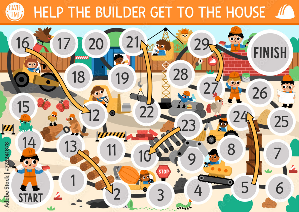 Construction site dice board game for children with cute kid builders, transport, bulldozer, tractor, crawler crane, animals. Building works boardgame. Repair service printable activity for boy Construction site dice board game for children with cute kid builders, transport, bulldozer, tractor, crawler crane, animals. Building works boardgame. Repair service printable activity for boy