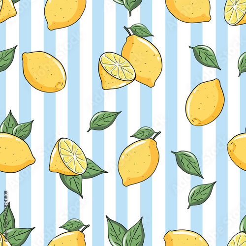 Cute design of fresh lemons and leaves on blue and white stripes. Vector seamless pattern of lemons and lines. Vector background for wallpaper, wrapping paper design textile and fabric texture prints 