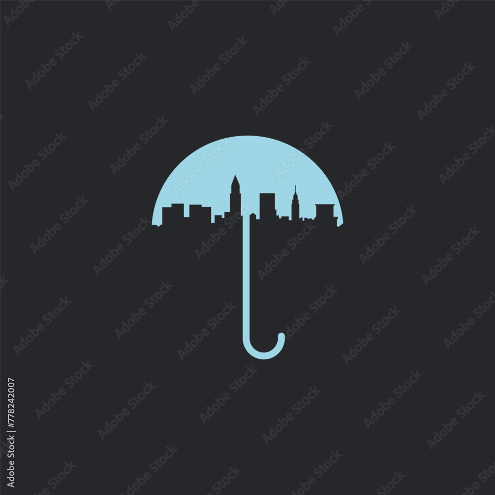 Emblem of an umbrella protecting a city. Emblem of an umbrella protecting a city.