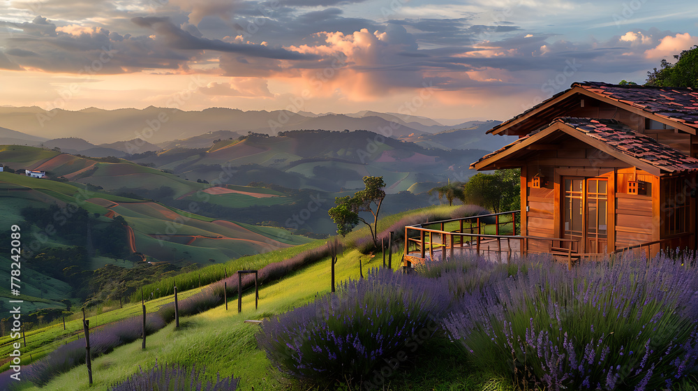 Fototapeta premium Landscape of lavender field with wooden house in the morning.