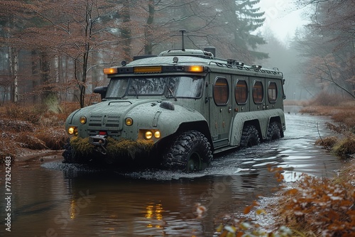 Amphibious Vehicle Amphibious vehicle transitioning from land to water © create