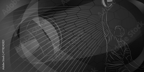 Volleyball themed background in black tones with abstract meshes, curves and lines, with a male volleyball player hitting the ball
