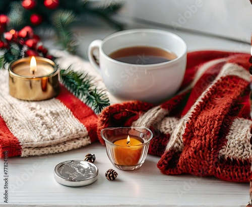 Cozy winter morning at home  tea  blanket  gifts  candles  Christmas tree  and modern decor set a warm and inviting hygge scene.     