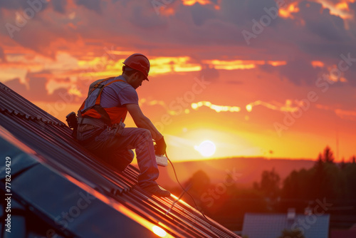 Construction worker at sunset on rooftop