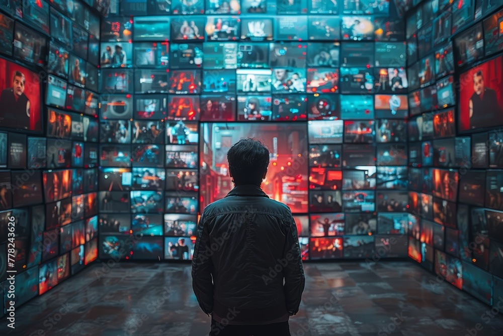 Fototapeta premium Technological cocoon: surrounded individual immersed in a digital world via screens
