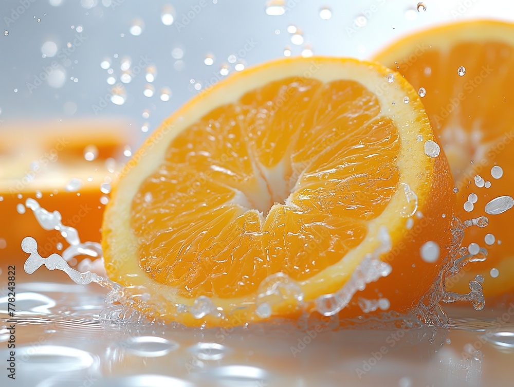 Orange juice splashing on white, Orange juice splashes from a cut orange, splashes of orange juice Orange juice splashing on white, Orange juice splashes from a cut orange, splashes of orange juice