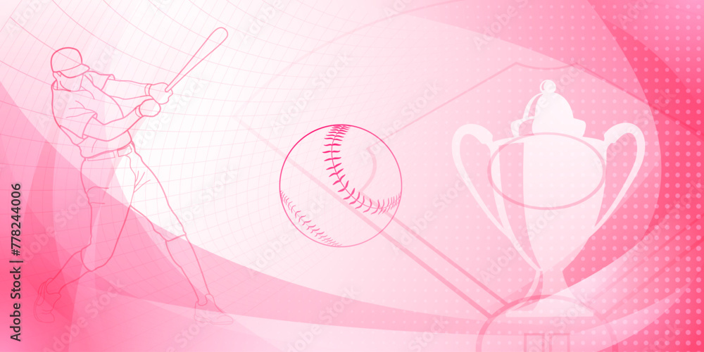 Fototapeta premium Baseball themed background in pink tones with abstract lines, dots and curves, with silhouettes of a baseball field, cup, ball and batsman