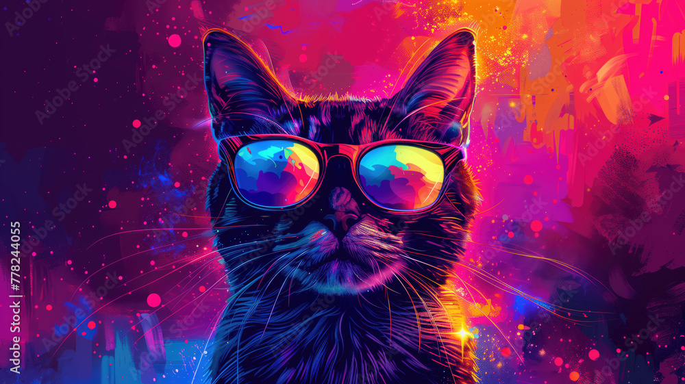 cool cat with sunglasses on colorful background. ultra realistic on a vibrant background Generative AI