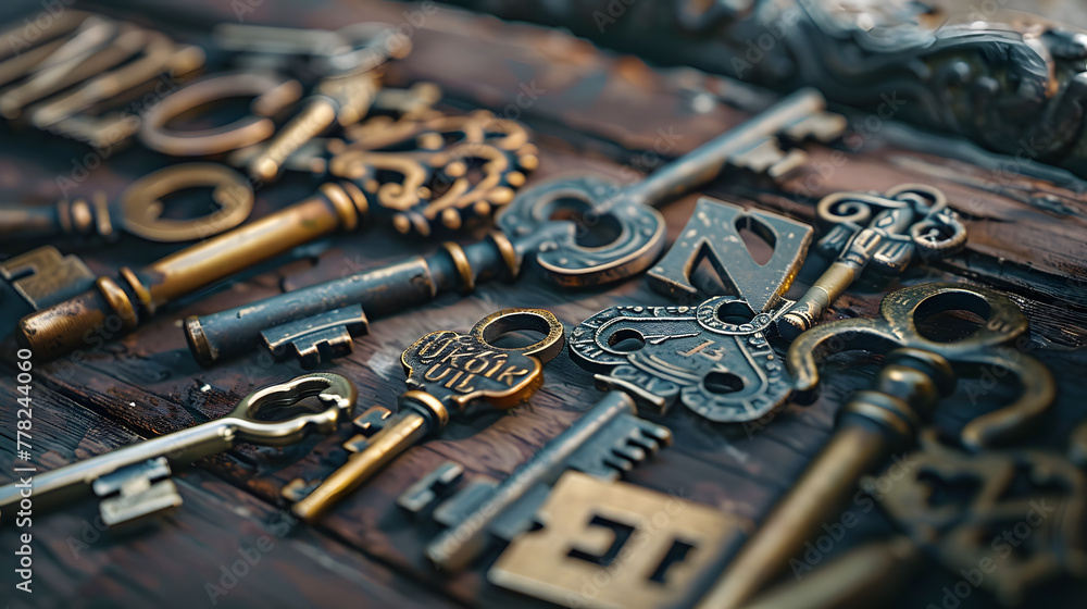 Ornate, antique keys arranged to spell Ornate, antique keys arranged to spell