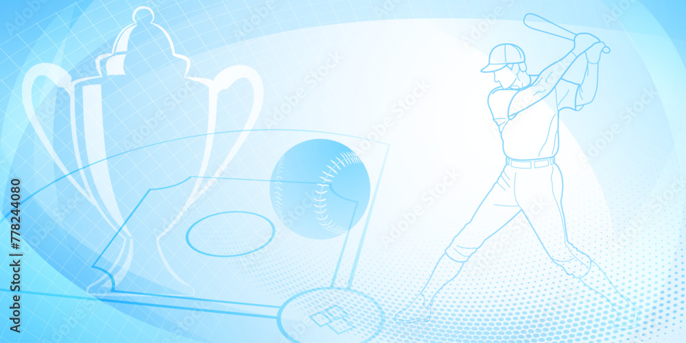 Baseball themed background in blue tones with abstract dots, lines and curves, with silhouettes of a baseball field, cup, ball and batsman