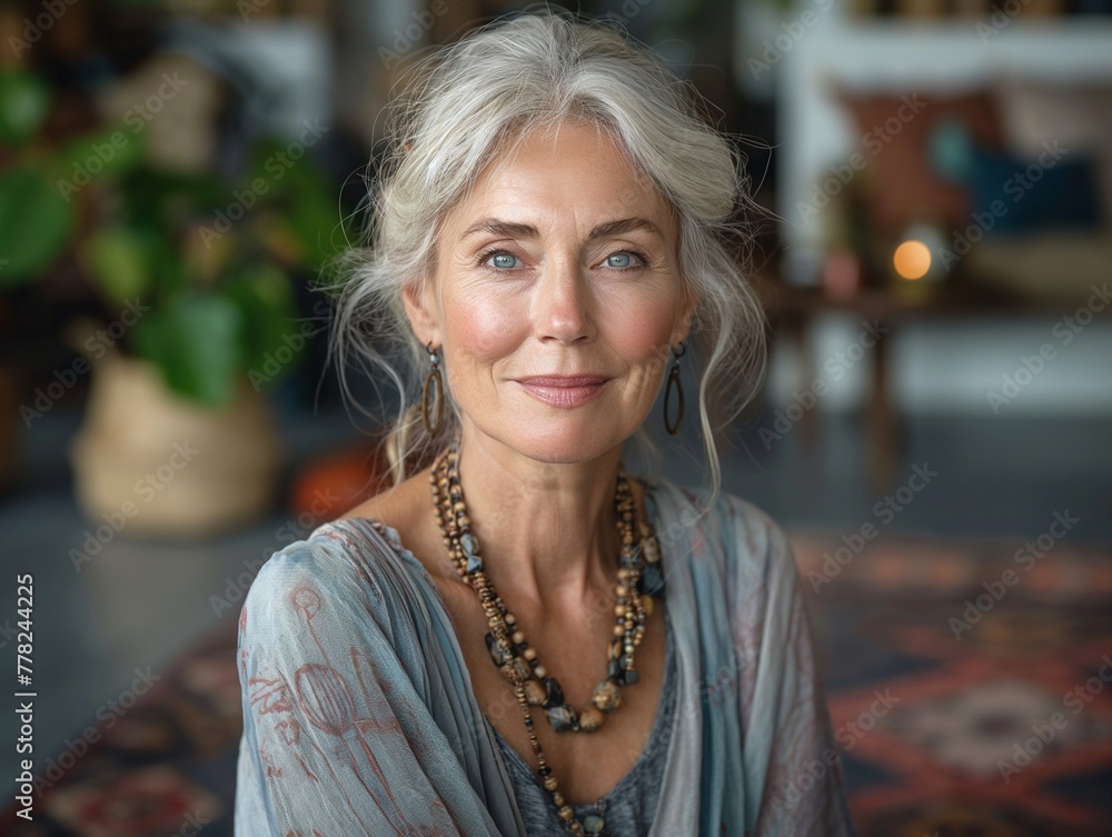 Beautiful mature senior woman at home in the living room smiling at the camera Beautiful mature senior woman at home in the living room smiling at the camera