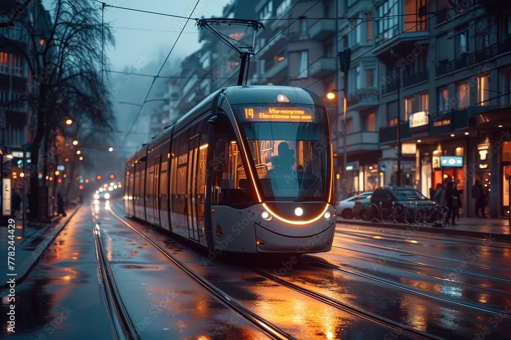 Electric Tram Modern electric tram moving through an urban landscape