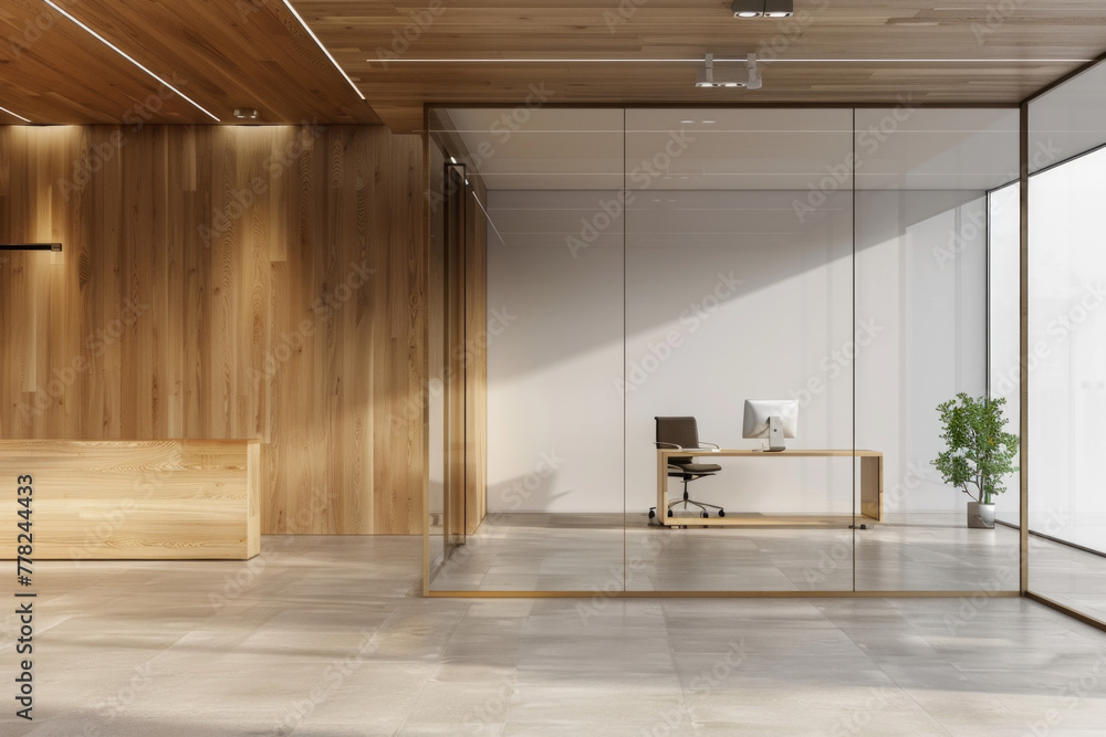 A wooden interior space with an office desk