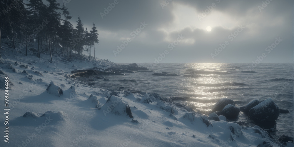 Fototapeta premium Winterlandschaft am Meer, steinge schneebedeckte Küste