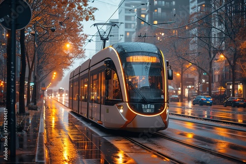 Electric Tram Modern electric tram moving through an urban landscape