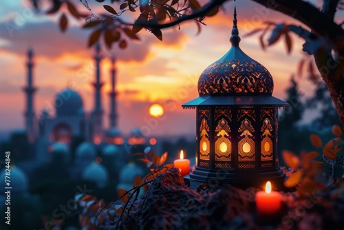 Ornate Islamic lantern illuminated by the sunset, with a mosque silhouette in the background, creating a serene and spiritual atmosphere © VICHIZH