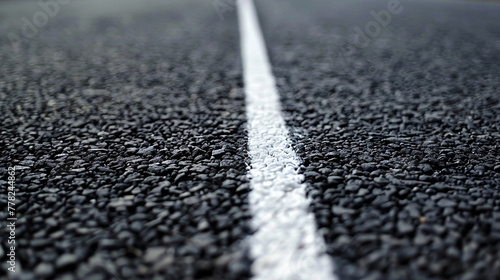 Close-up photo of asphalt road with white stripe. You can see many details on the photo.