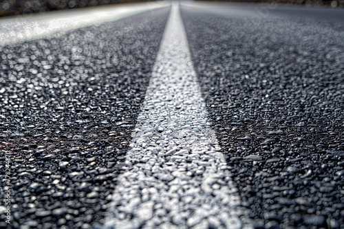 Close-up photo of asphalt road with white stripe. You can see many details on the photo.