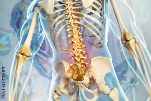 Anatomy 3D illustration with inflamed lumbar spine pathology AI Generative