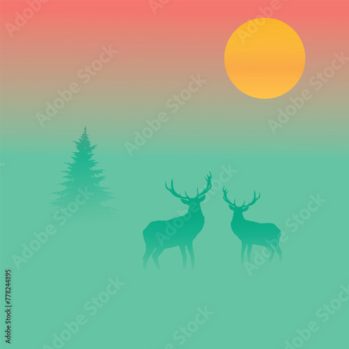 Vector art featuring two deer standing in a misty forest at sunrise, surrounded by soft gradients and a lone tree. Ideal for serene nature designs, wildlife projects, or outdoor themes photo