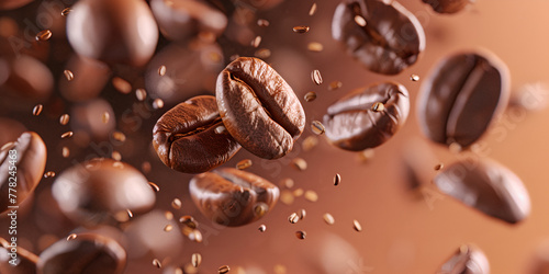 Coffee beans falling on a dark background with a blurry background