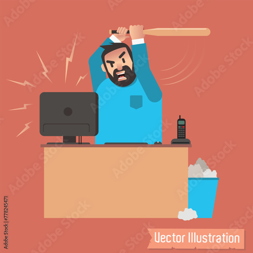 Frustrated Man About to Smash Computer with Baseball Bat Illustration. Hard work
