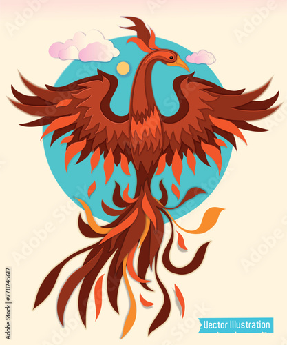 Vibrant vector illustration of a majestic phoenix rising with fiery wings, symbolizing rebirth, transformation, and strength. A glowing mythical firebird in a colorful abstract sky