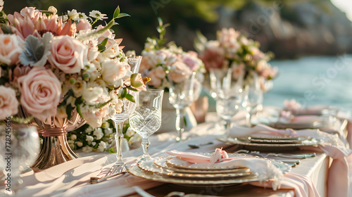 A beautifully decorated wedding table with pink and white flowers